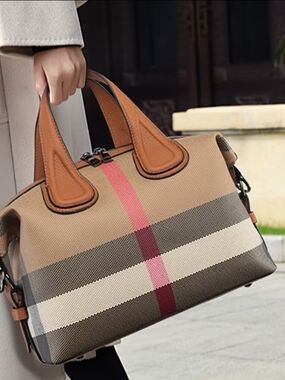 Women's Vintage Plaid Boston Bag with Detachable Strap Red, Black Tan Cream